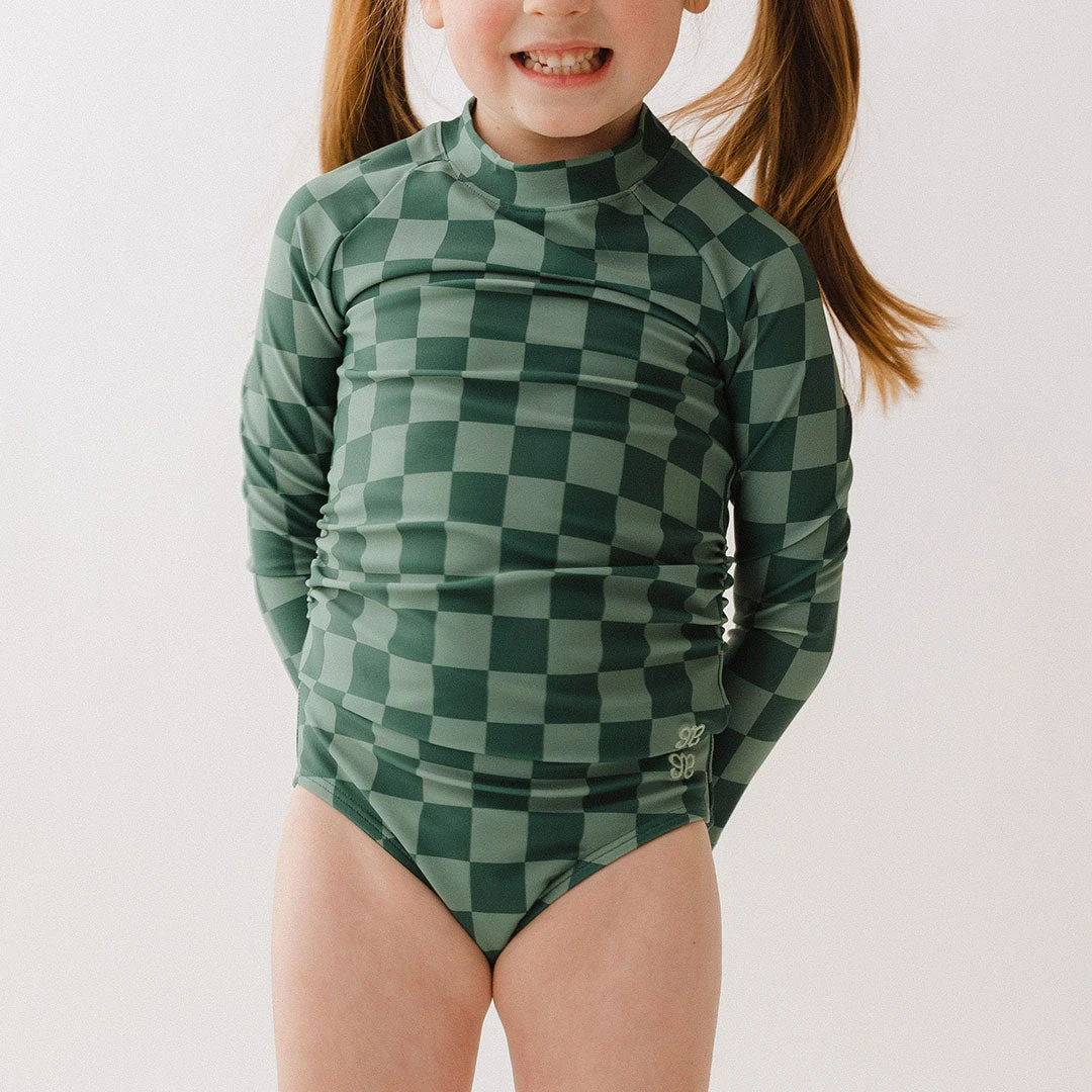 Mini Rash Guard Two-Piece Set, Green Check 4 Mini Rash Guard Two-Piece Set, Green Check - Image 2