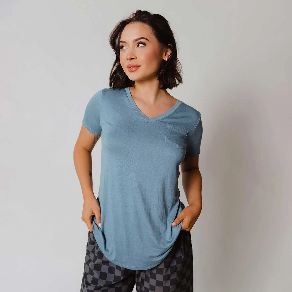 Basic V Neck Tee, Steel Blue 4 Basic V Neck Tee, Steel Blue - Image 2