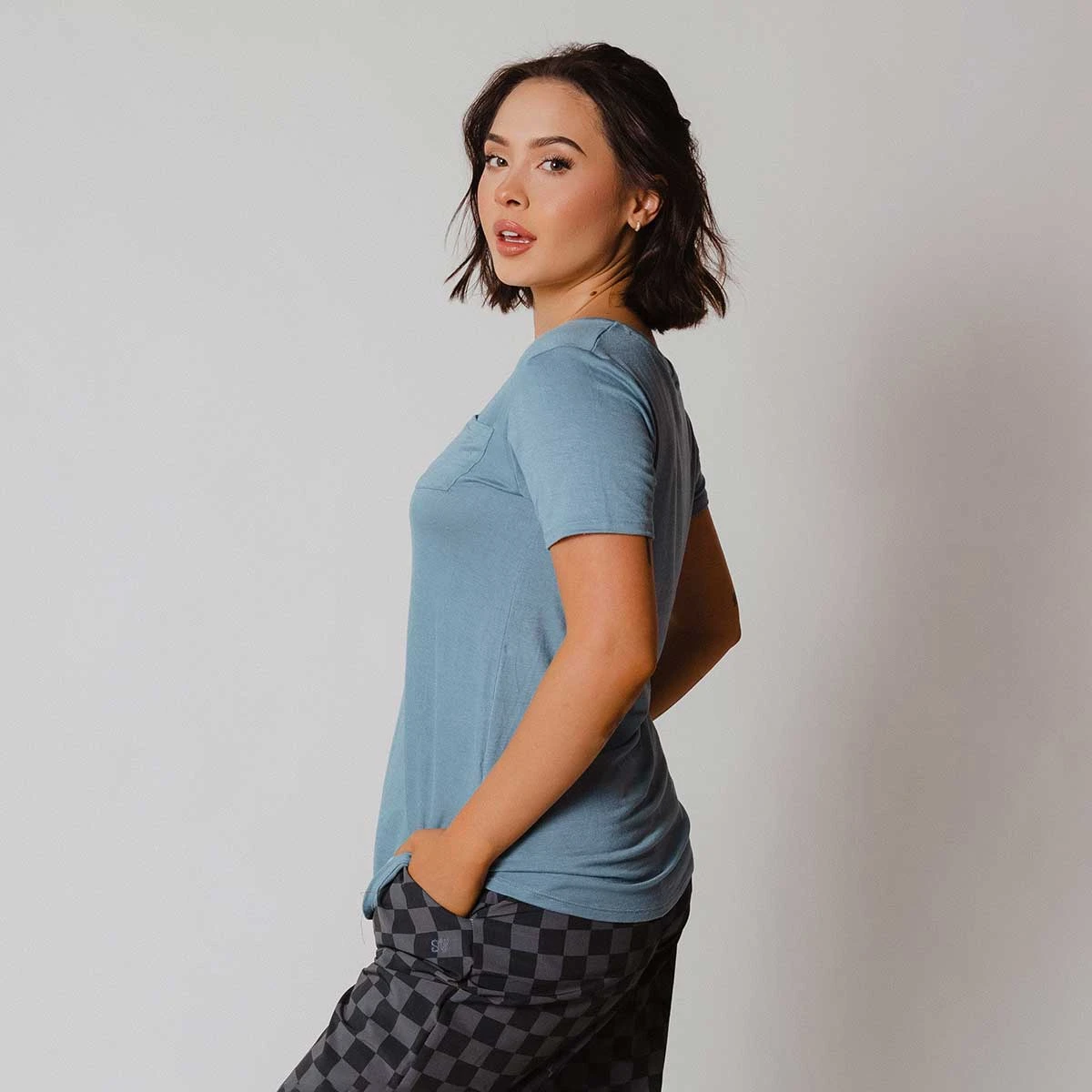 Basic V Neck Tee, Steel Blue 5 Basic V Neck Tee, Steel Blue - Image 3