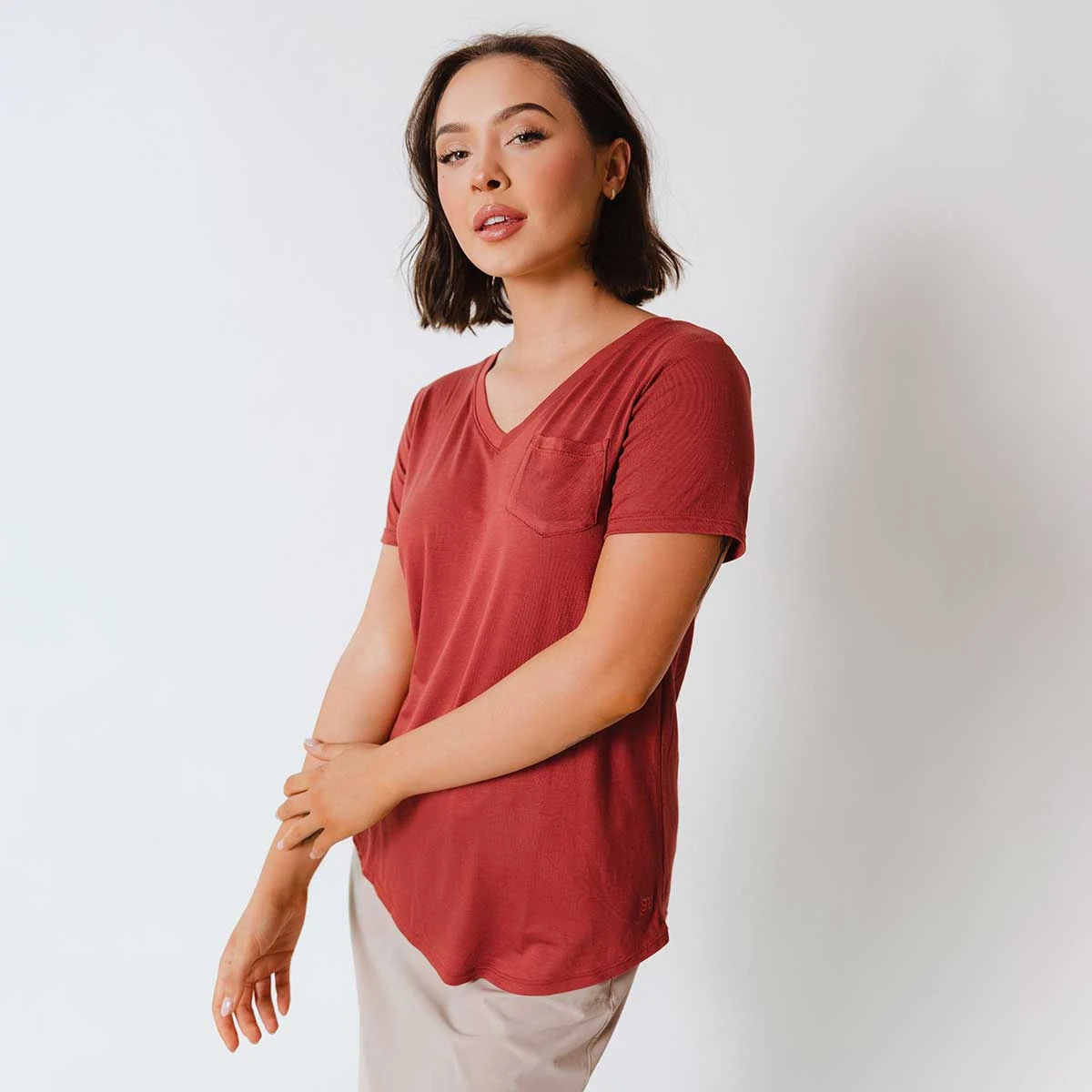 Basic V Neck Tee, Pale Brick 6 Basic V Neck Tee, Pale Brick - Image 4