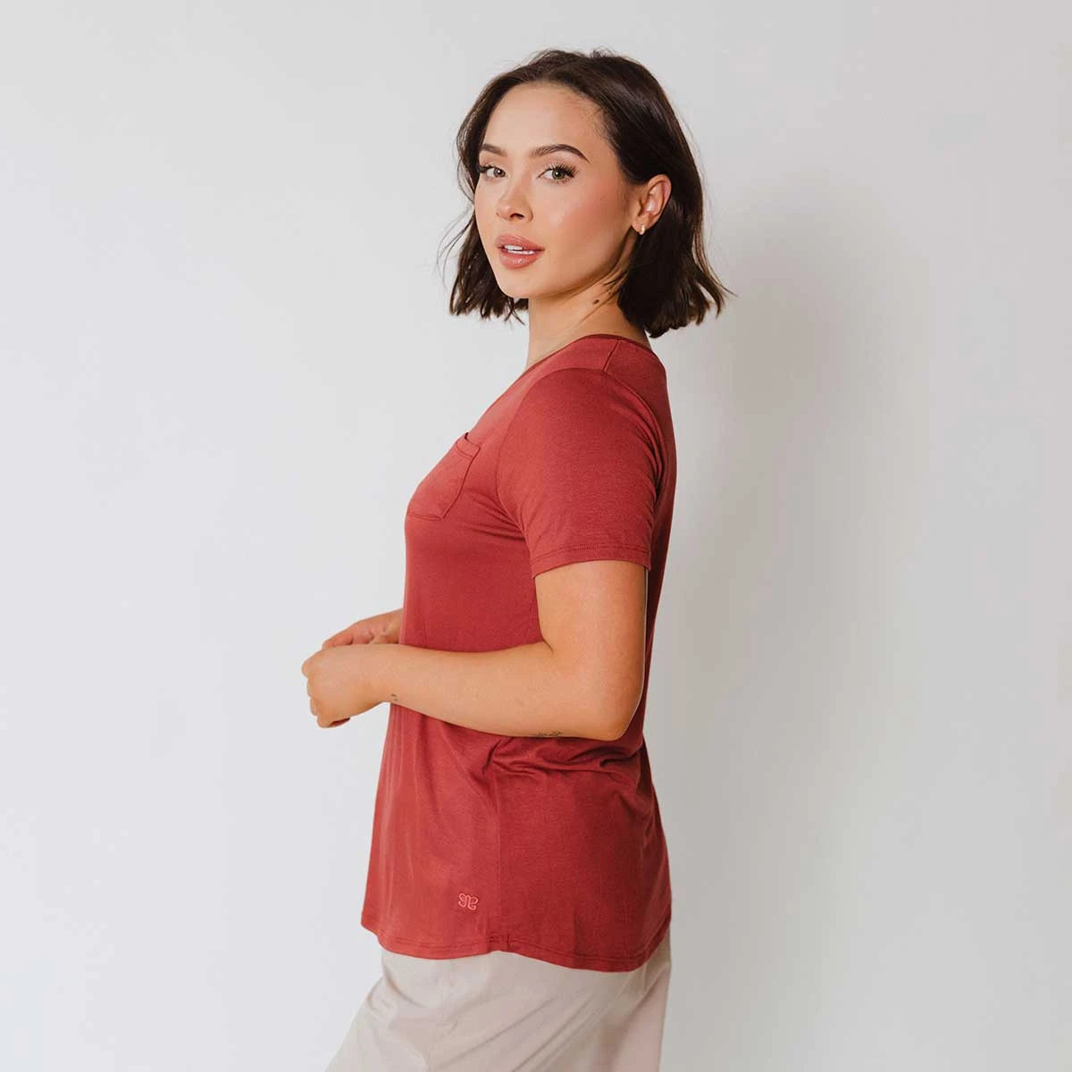 Basic V Neck Tee, Pale Brick 5 Basic V Neck Tee, Pale Brick - Image 3