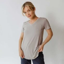 Basic V Neck Tee, Sand -Clothing Promotional Store 369A1508final 746577ab 163c 448c 9c85 6340e30a8d5a 1
