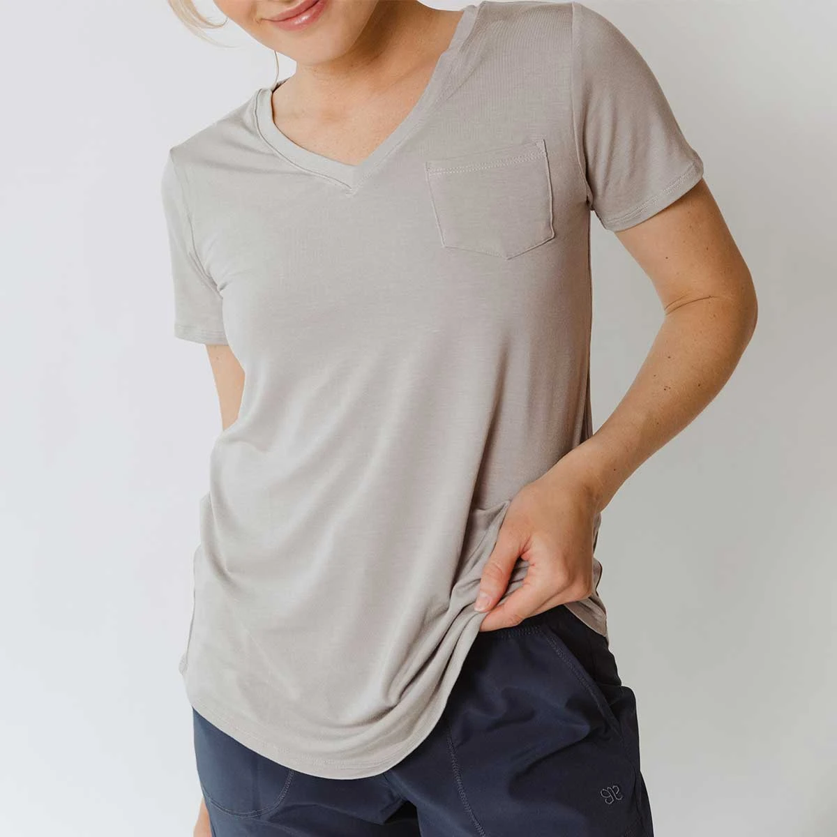Basic V Neck Tee, Sand 8 Basic V Neck Tee, Sand - Image 6