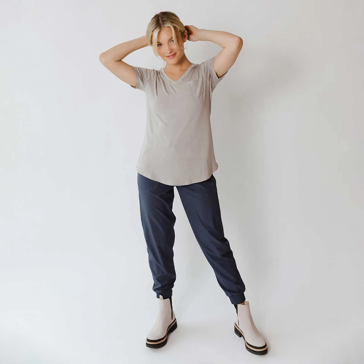 Basic V Neck Tee, Sand 9 Basic V Neck Tee, Sand - Image 7