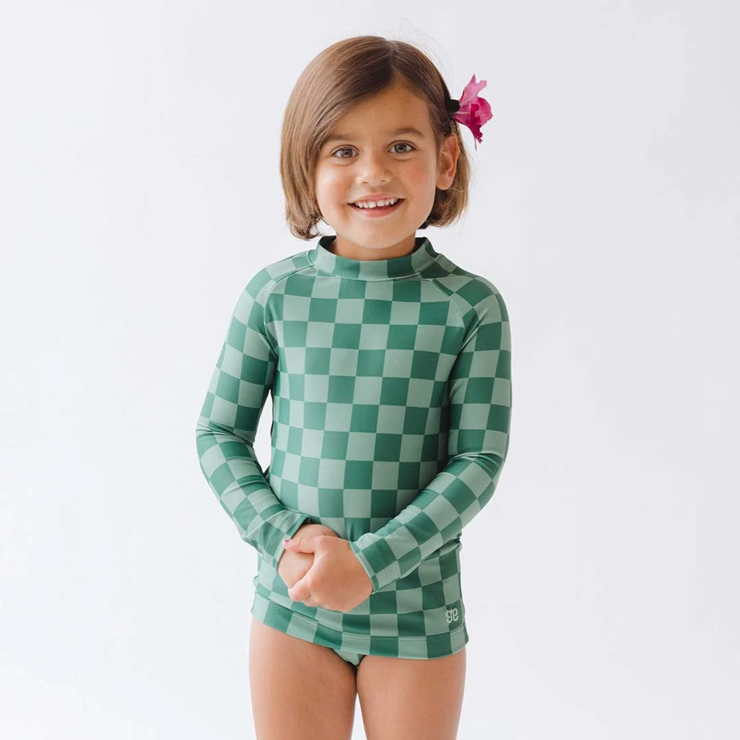 Mini Rash Guard And Shorts Set, Green Check 8 Mini Rash Guard And Shorts Set, Green Check - Image 6