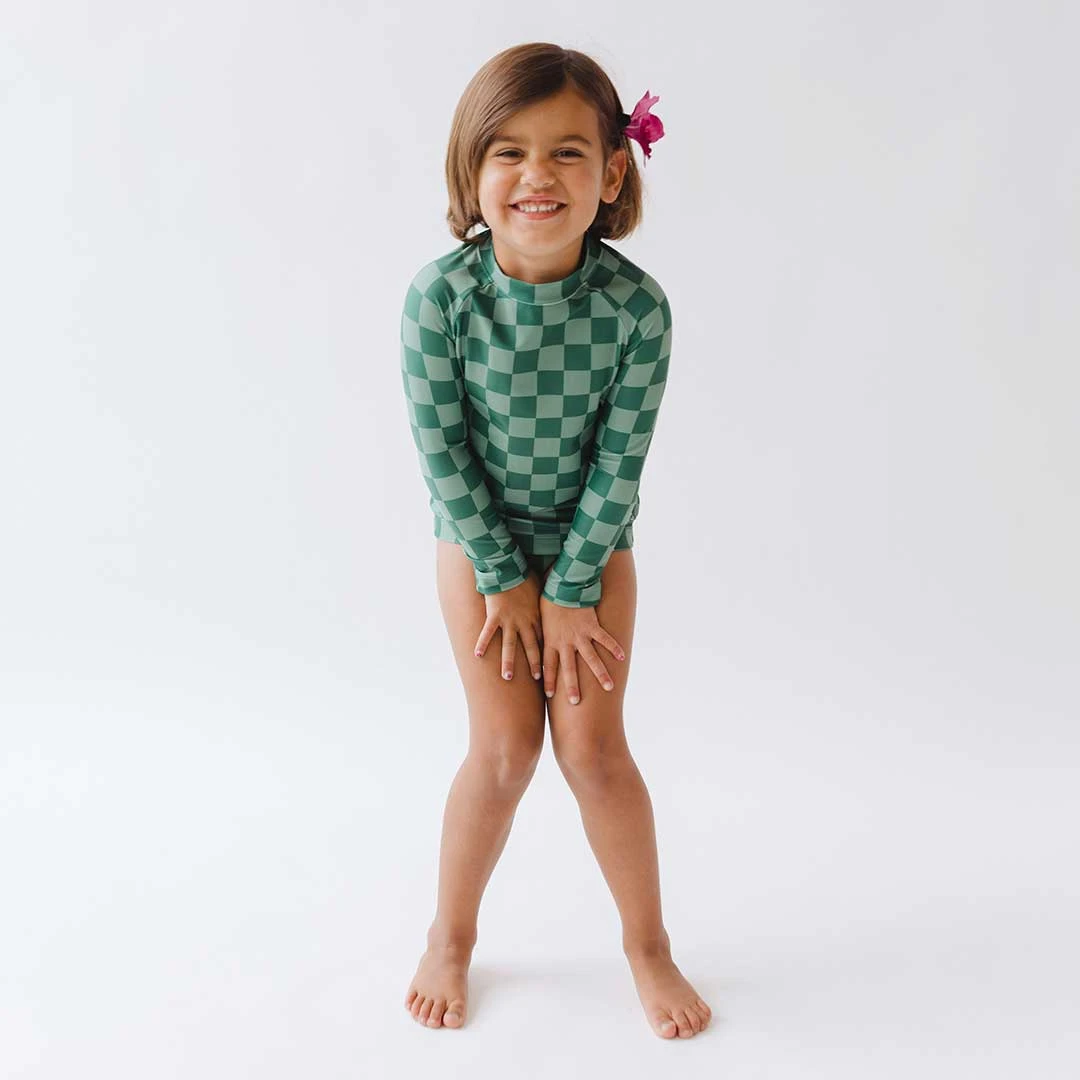 Mini Rash Guard And Shorts Set, Green Check 10 Mini Rash Guard And Shorts Set, Green Check - Image 8
