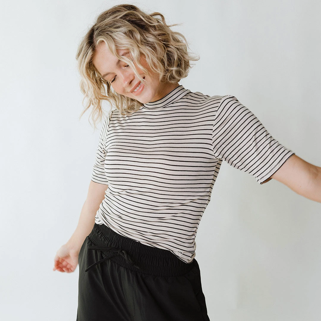 Puff Sleeve Tee, Stone And Black Stripe 3 Puff Sleeve Tee, Stone And Black Stripe