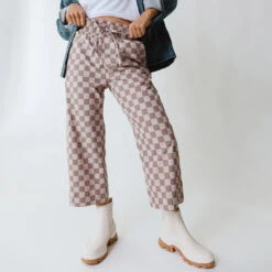 Audrey Wide Leg Pants, Brown Checkers