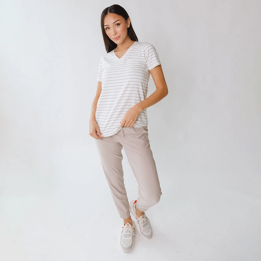 Basic V Neck Tee, Grey Venice Stripe 4 Basic V Neck Tee, Grey Venice Stripe - Image 2