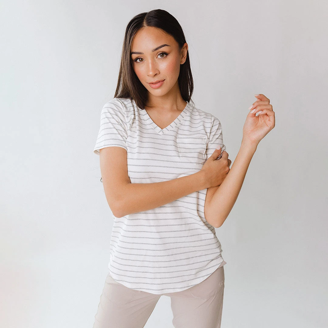 Basic V Neck Tee, Grey Venice Stripe 5 Basic V Neck Tee, Grey Venice Stripe - Image 3