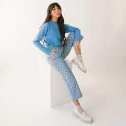 Audrey Wide Leg Pants, Blue Checkers -Clothing Promotional Store 369A5812