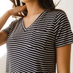 Basic V Neck Tee, Navy And White Stripe -Clothing Promotional Store 369A6367final 1