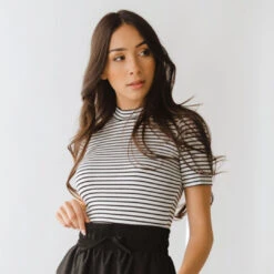 Puff Sleeve Tee, White And Black Stripe -Clothing Promotional Store 369A6555final 2