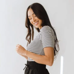 Puff Sleeve Tee, White And Black Stripe -Clothing Promotional Store 369A6575final 2