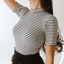 Puff Sleeve Tee, White And Black Stripe -Clothing Promotional Store 369A6612final 2