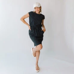 Navy Pinstripe Going Places Dress -Clothing Promotional Store 369A7047final 5915c653 f6ca 49bb bd47 5eb9df9baef4