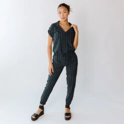Clothing Promotional Store 25 Navy Pinstripe Collar Jumpsuit