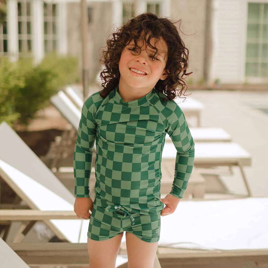 Mini Rash Guard And Shorts Set, Green Check 3 Mini Rash Guard And Shorts Set, Green Check