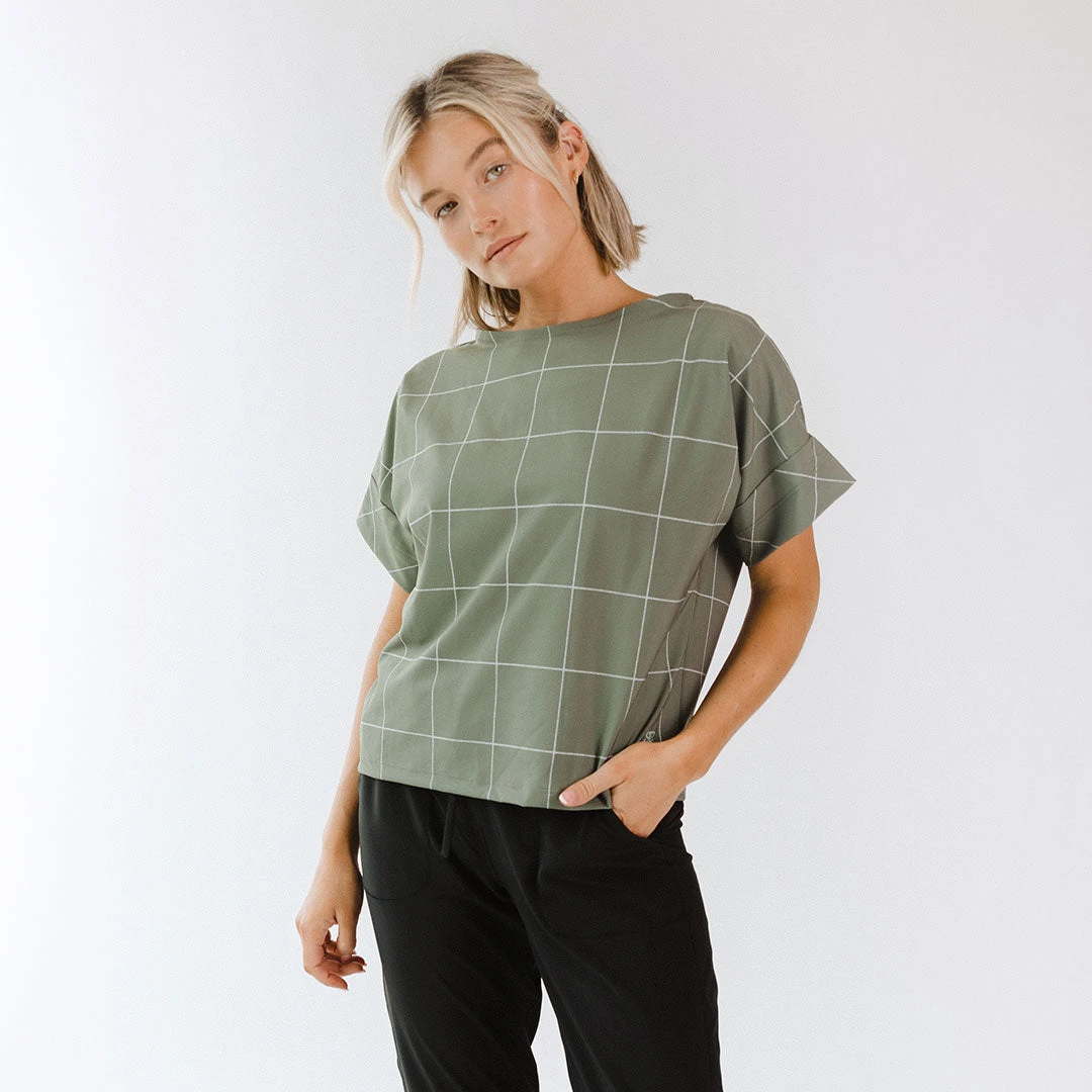 Boss Crop Tee, Sage Windowpane 3 Boss Crop Tee, Sage Windowpane
