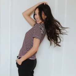 Boyfriend Tee, Burgundy And Black Stripe 9 Boyfriend Tee, Burgundy And Black Stripe -Clothing Promotional Store BOYFRIEND TEE BURGUNDY AND BLACK STRIPE WEB 1