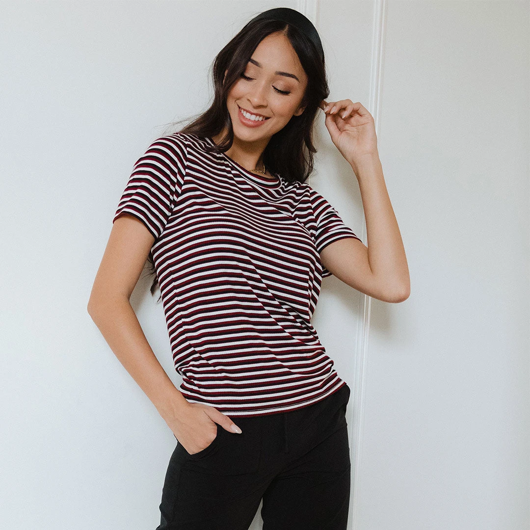 Boyfriend Tee, Burgundy And Black Stripe 3 Boyfriend Tee, Burgundy And Black Stripe