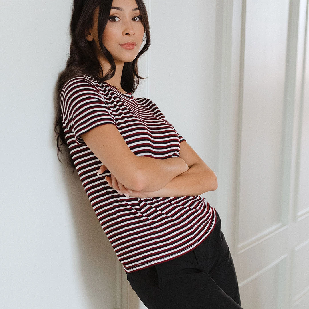 Boyfriend Tee, Burgundy And Black Stripe 4 Boyfriend Tee, Burgundy And Black Stripe - Image 2