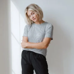 Boyfriend Tee, Charcoal And Ivory Stripe -Clothing Promotional Store BOYFRIEND TEE CHARCOAL AND IVORY WEB 1 1