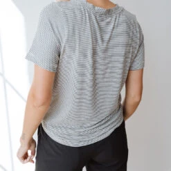 Boyfriend Tee, Charcoal And Ivory Stripe -Clothing Promotional Store BOYFRIEND TEE CHARCOAL AND IVORY WEB 4 1