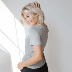Boyfriend Tee, Charcoal And Ivory Stripe -Clothing Promotional Store BOYFRIEND TEE CHARCOAL AND IVORY WEB 5 1