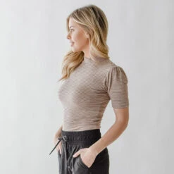 Puff Sleeve Tee, Taupe Stripe -Clothing Promotional Store DSC 0107 web