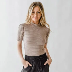 Puff Sleeve Tee, Taupe Stripe -Clothing Promotional Store DSC 0108web 1