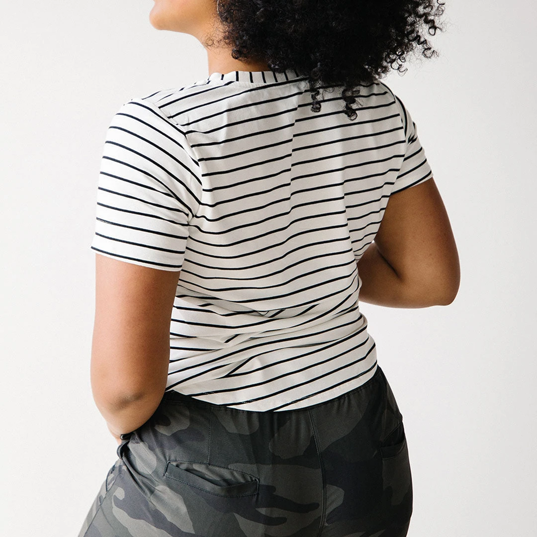 Basic V Neck Tee, Black Venice Stripe 6 Basic V Neck Tee, Black Venice Stripe - Image 4