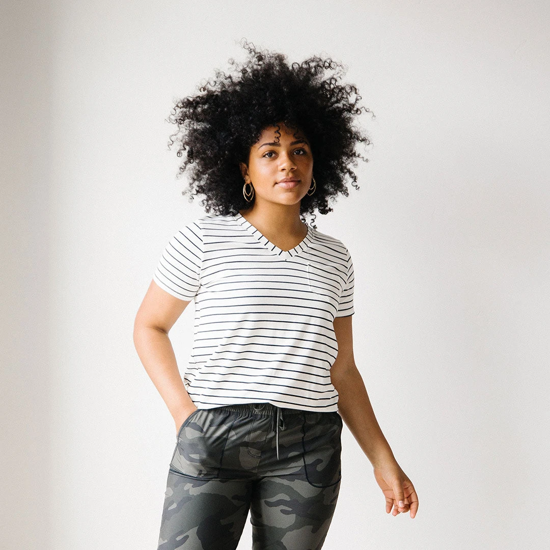 Basic V Neck Tee, Black Venice Stripe 4 Basic V Neck Tee, Black Venice Stripe - Image 2