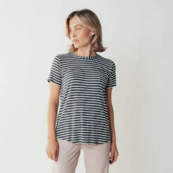 Basic Tee, Thick Charcoal Ivory Stripe -Clothing Promotional Store leisureshoot stripedscoopneck1