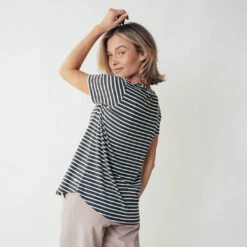 Basic Tee, Thick Charcoal Ivory Stripe 14 Basic Tee, Thick Charcoal Ivory Stripe -Clothing Promotional Store leisureshoot stripedscoopneck5 1