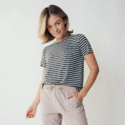 Basic Tee, Thick Charcoal Ivory Stripe -Clothing Promotional Store leisureshoot stripedscoopneck7