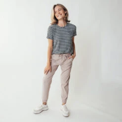 Basic Tee, Thick Charcoal Ivory Stripe -Clothing Promotional Store leisureshoot stripedscoopneck8